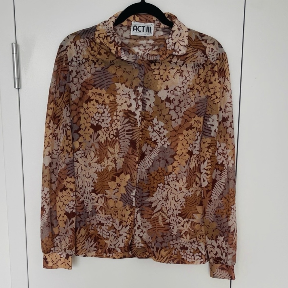 Vintage Made in USA 70s Floral Button Down Blouse in Brown Floral Size XS